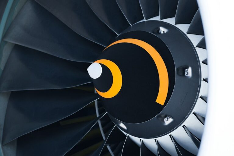 Close-up of an aircraft jet engine fan, representing aerospace production parts approved under AS9145 PPAP
