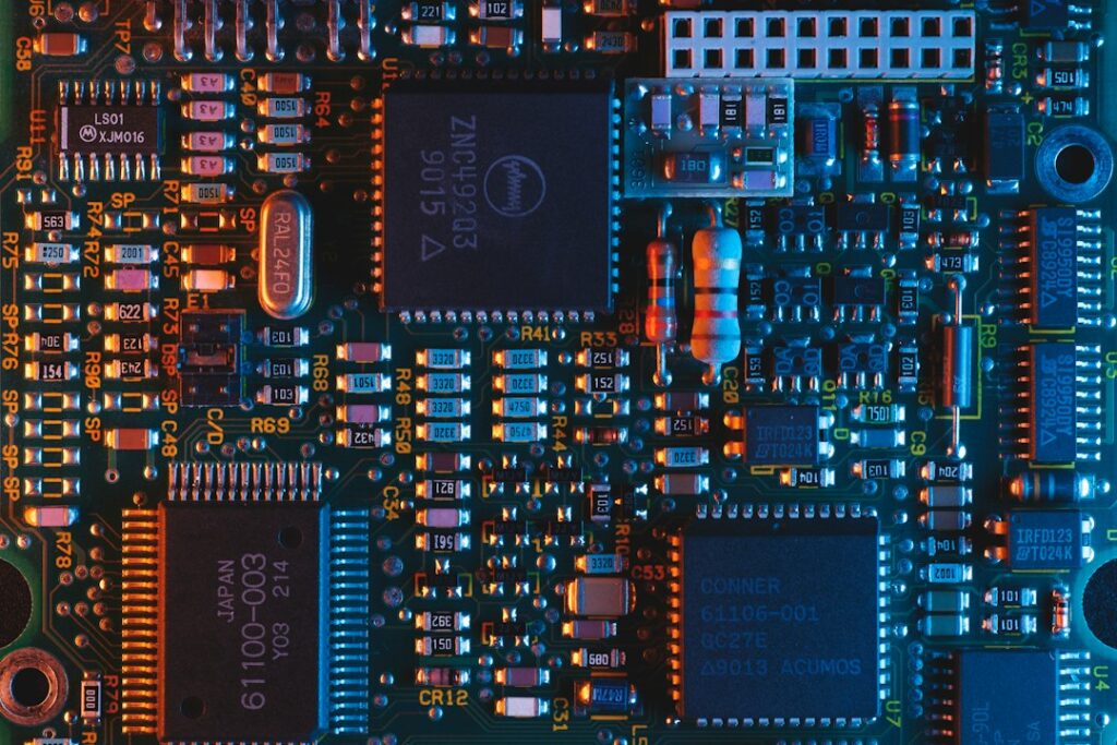 Close-up of a printed circuit board, representing airborne electronic hardware subject to DO-254 design assurance