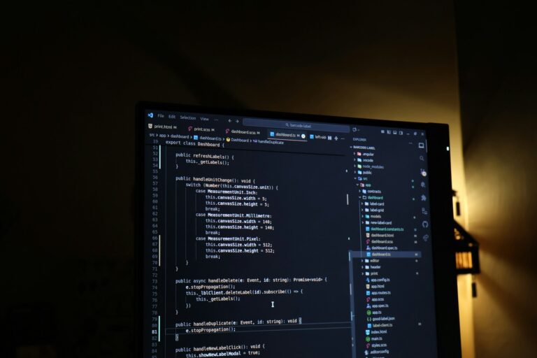 Source code on a monitor in a software development workspace