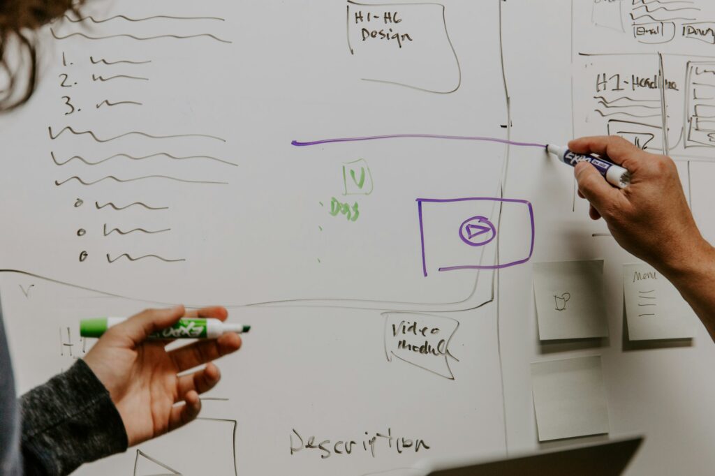 Two colleagues mapping out a business continuity plan on a whiteboard