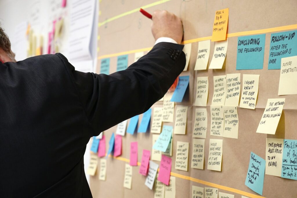Sticky notes arranged on a corkboard, representing a phased plan for the ISO 9001:2026 transition